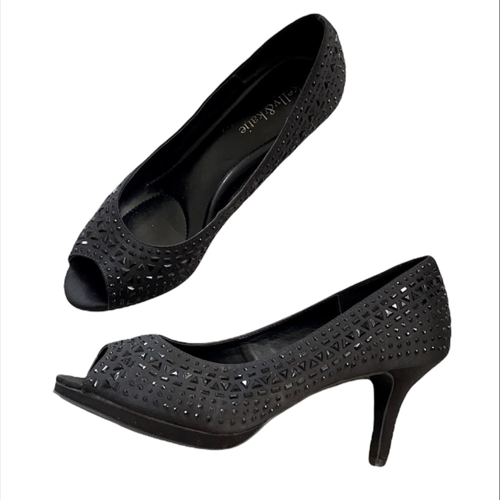 Kelly & Katie Black Studded/Rhinestone Peep-toe Pumps Approx. 3 inch Heel - 8